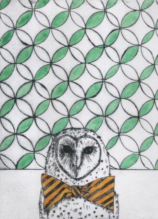 Devi Singh Owl Etching and Hand Colouring Edition of 14 20 x 15 cm