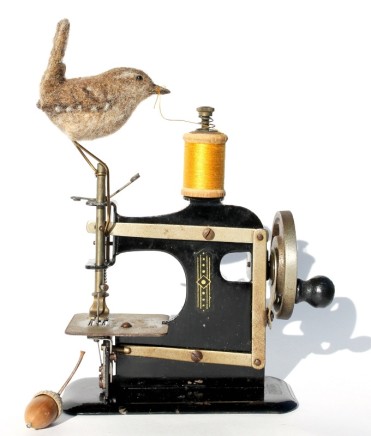 Dinny Pocock Jenny Wren and the Tiny Machine Needle-felt and vintage toy sewing machine