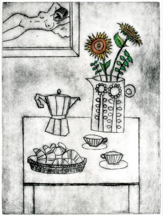 Devi Singh Coffee and Croissants Etching 20 x 15 cm Edition of 14