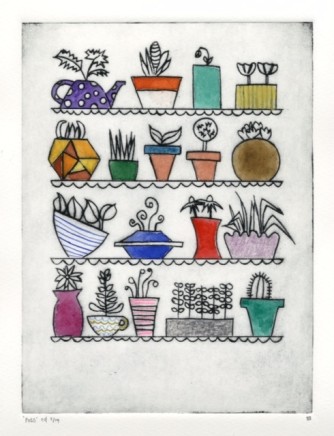 Devi Singh Pots 1 Hand coloured etching Edition 5 of 14 20 x 15cm