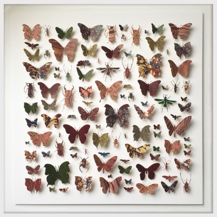 Helen Ward Morpho Square in Red Antique bookbinding papers and enamel pins 80 x 80 cm