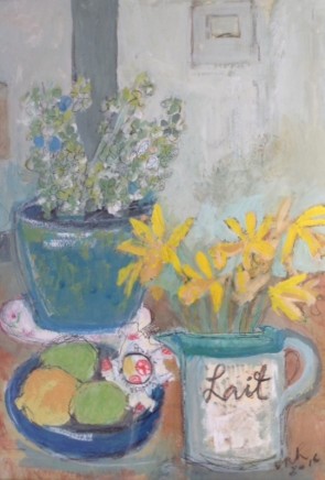 Virginia Hiller Daffodils and Lemons Mixed media on panel 48 x 38.5
