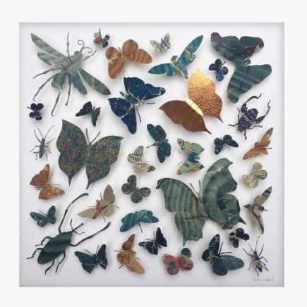 Helen Ward Open Wings I Antique bookbinding papers, copper leaf, enamel pins 25 x 25 cm