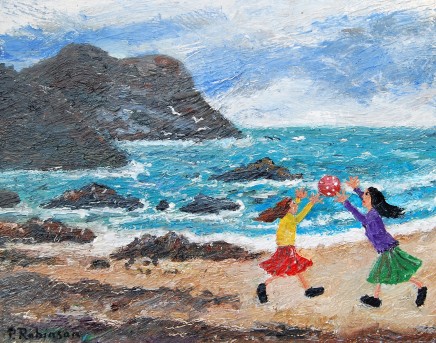 Paul Robinson Two Girls On Beach Oil on canvas 30.5 x 38 cm