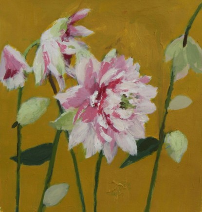 Charlotte Hardy Pink Aquilegias Mixed media on paper 17 x 17 cm