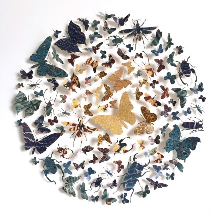 Helen Ward Paper Wings 1, 2018 Hand marbled papers, gold leaf and enamel pins 50 x 50 cm
