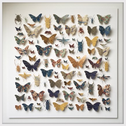 Helen Ward Morpho Square in Blue Antique bookbinding papers and enamel pins 80 x 80 cm