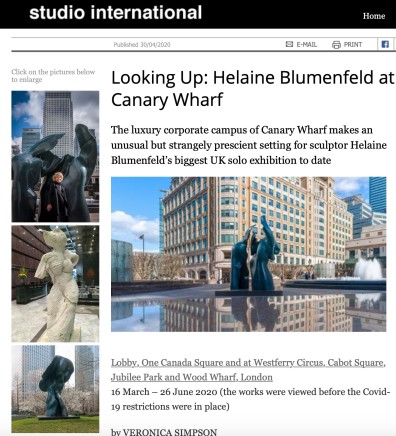 The luxury corporate campus of Canary Wharf makes an unusual but strangely precient setting for sculptor Helaine Blumenfeld biggest UK solo exhibition to date.
