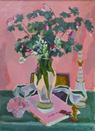 Jules Cavailles, Still life of a glass vase with a decanter and a chess piece.