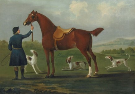 Richard Roper, A Huntsman and his Horse with Three Hounds in an Open Landscape