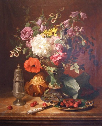 David Emile De Noter, Still life with flowers and fruit
