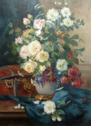 Eugene Henri Cauchois, Roses in a lustre vase