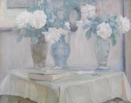 Adrian Karbowsky, Still life of white roses in ceramic vases