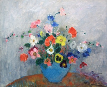 Juliette Cambier, Still life of pansies, daises and tulips
