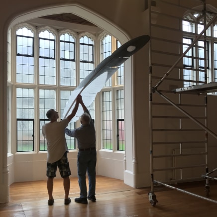 Neil Dawson and Jonathan Smart installing Feather (Gull), March 2019, The Central Art Gallery