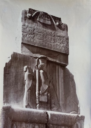 Ernst Herzfeld, Throne Hall, Southern Wall, West Jamb of Western Doorway: View of Uppermost Register Picturing Enthroned King Giving Audience under the Winged Symbol with Partly Encircled Figure of Ahuramazda, Persepolis, 1923-28