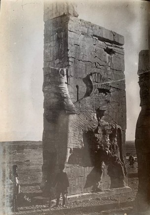Antoin Sevruguin, Gate of All Lands, Colossal Sculptures Depicting Man-Bull (Sevruguin in White Coat), Persepolis, Late 19th Century or early 20th Century