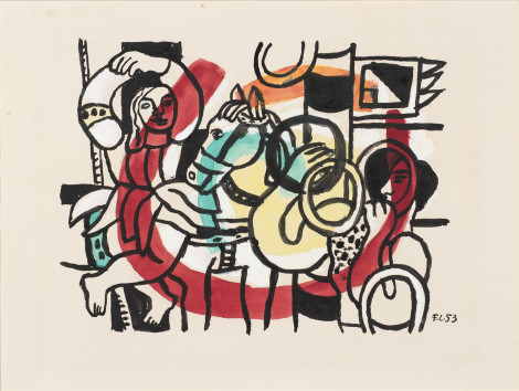 <span class="artist"><strong>Fernand Leger</strong></span>, <span class="title"><em>Le Jongleur et L'Acrobate</em>, 1953</span>
