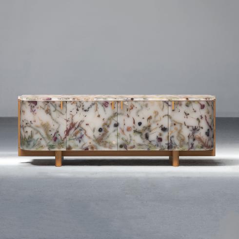 Marcin Rusak, Flora Credenza Misty White 244, Discarded Flowers And Leaves, White Resin, Oak Unique Piece