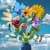 Collage of varied cut flowers in vase on a background of a blue cloudy sky.
