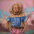 painting of a blonde woman with pink sky and rainbow in background. Woman and rainbow painted with blurred optical effect