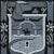 Gray-scale painting of a crest like composition depicting a dog wearing a plaid flat cap, daffodils, a cow and chicken, and a padlock by artist Jeremy Fish