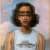 painting of a girl with her eyes distorted showing four blurry eyes against a background of pink clouds