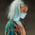 painting of a woman with light blue hair and the bottom half of her face is also light blue