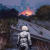 Scott Listfield painting of cosmonaut facing city on fire, coyotes in distance