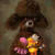 Painting of a brown dog holding three brightly colored stuffed animals