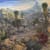 painting of a prehistoric landscape with cacti and a volcano
