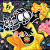 Yusuke Toda YUM painting featuring his black and white character YUM on a yellow shooting star with characters and markings through out the work