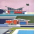 Lisa Ashinoff painting with pink sky palm trees and mid century houses on a hill
