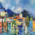 oil painting of colourful buildings overlooking lake with mountains in the background.