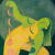Crop of Genevieve Cohn painting in tones of green and yellow of female figure bending while holding cutout of moon in different stages
