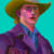 Colorful painting by John Holcomb of man wearing a cowboy hat, available at the Rebecca Hossack Art Gallery