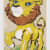 A painting with acrylic and charcoal on canvas of a yellow lion with blue eyes by British artist David Surman entitled Where am I Going?