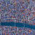 City seen from above painted by Barbara Macfarlane in blue with touches of red, available at the Rebecca Hossack Art Gallery