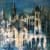 Bee Bartlett view of several buildings and their rooftops against a deep blue sky representing nightfall