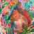 Emily Powell painting of a red squirrel sat in a bright coloured flower border