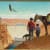 Oil painting on canvas by Norman Rockwell of a Navajo family looking across the Colorado River in Arizona at the Glen Canyon Dam. There is a father standing next to a young boy. The mother is on a horse. A dog looking scared stands with its tail between i