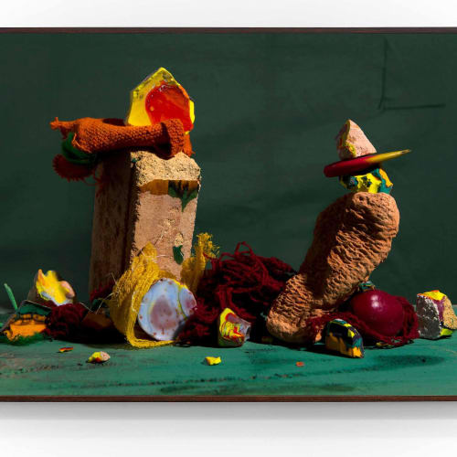 Lorenzo Vitturi, Fused Cotisso, Terracotta, Manta, Cochinilla Dyed Yarn Green Pigment, Plum in Gocta, 2019