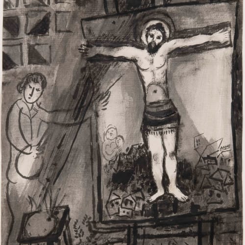 Marc Chagall  Le Peintre et son tableau, c.1947  wash, India ink and brush on paper  39.2 x 34.6 cm.  15 3/8 x 13 5/8 in.  signed 'Marc' (lower left) and signed 'Chagall' (centre right)