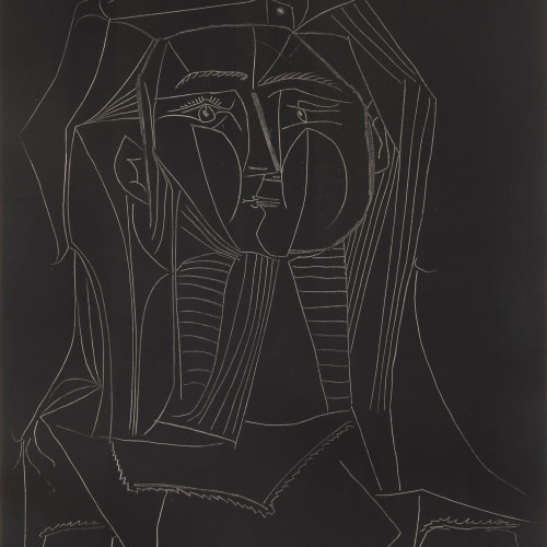 Pablo Picasso  Tete sur Fond Noir (Francois Gilot), 1953  Lithograph, engraved composition on zinc intended for etching. On Arches handmade paper.  Image: 69.5 x 54.5 cm.  Sheet: 76 x 65.5 cm.  Framed in black and gold carved frame. 109 x 98 cm.  Artist Proof (5 or 6 proofs) plus edition of 50 signed and numbered  Signed by the artist in pencil. Inscribed verso top left (13844 III)  Excellent condition  Framed