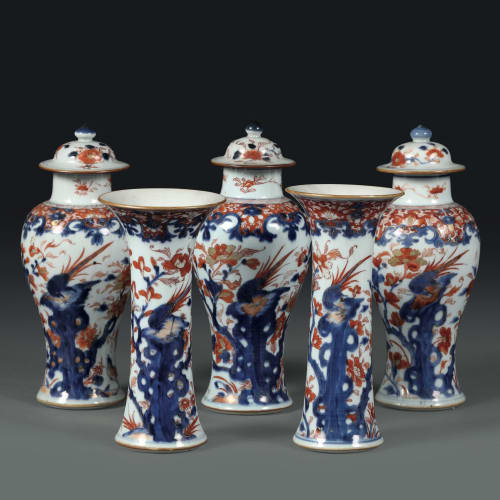 Decorative group of three potiches and two vases with Imari decorations, China, 18th century