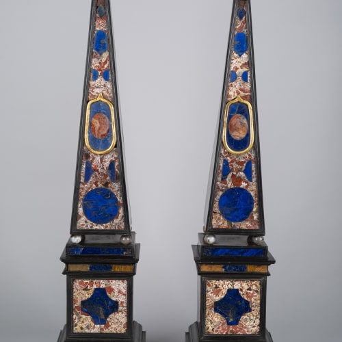 A pair of Italian ebony, Lapis Lazuli, Jasper, Agate and ebonised obelisks, 18th Century