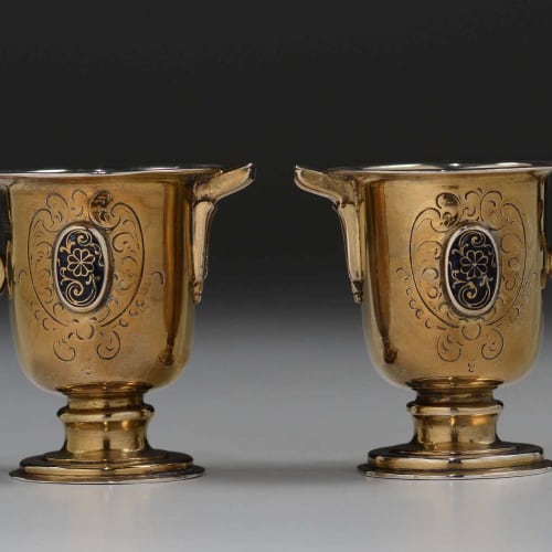 Pair of small jugs, acqua and vinum, in gilt silver and enamels, Spain, 16th century