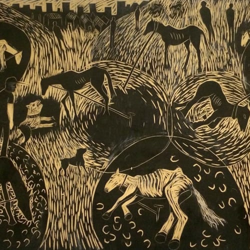 Paul Bloomer  The Land of Straving Horses, 2015  woodcut on canvas  122cm x 240cm