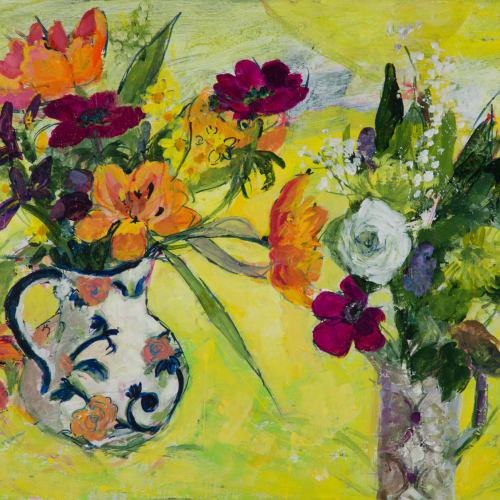 Ann Oram  Two Vases of Spring Flowers on Yellow  oil on board  46cm x 61cm