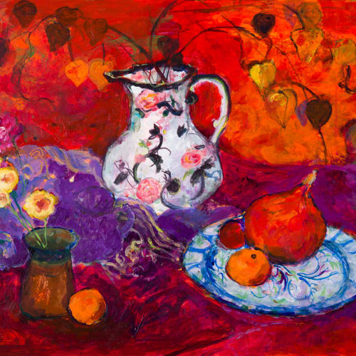 Ann Oram  Red Still-life with Chinese Lanterns  mixed media on board  46cm x 61cm